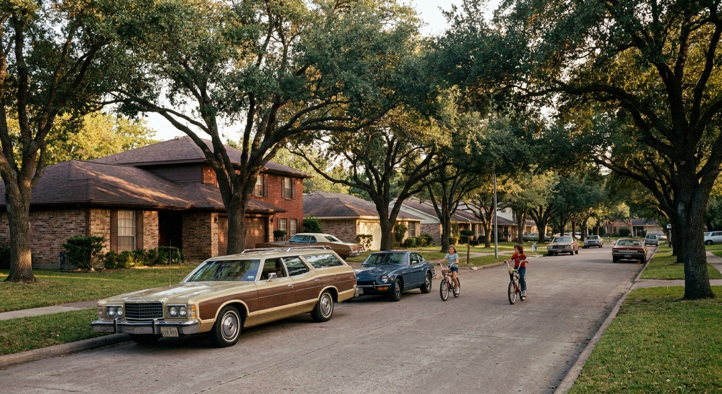 A 1970s-era residential neighborhood street in Houston, Texas with mature trees and brick homes, photographed in natural light