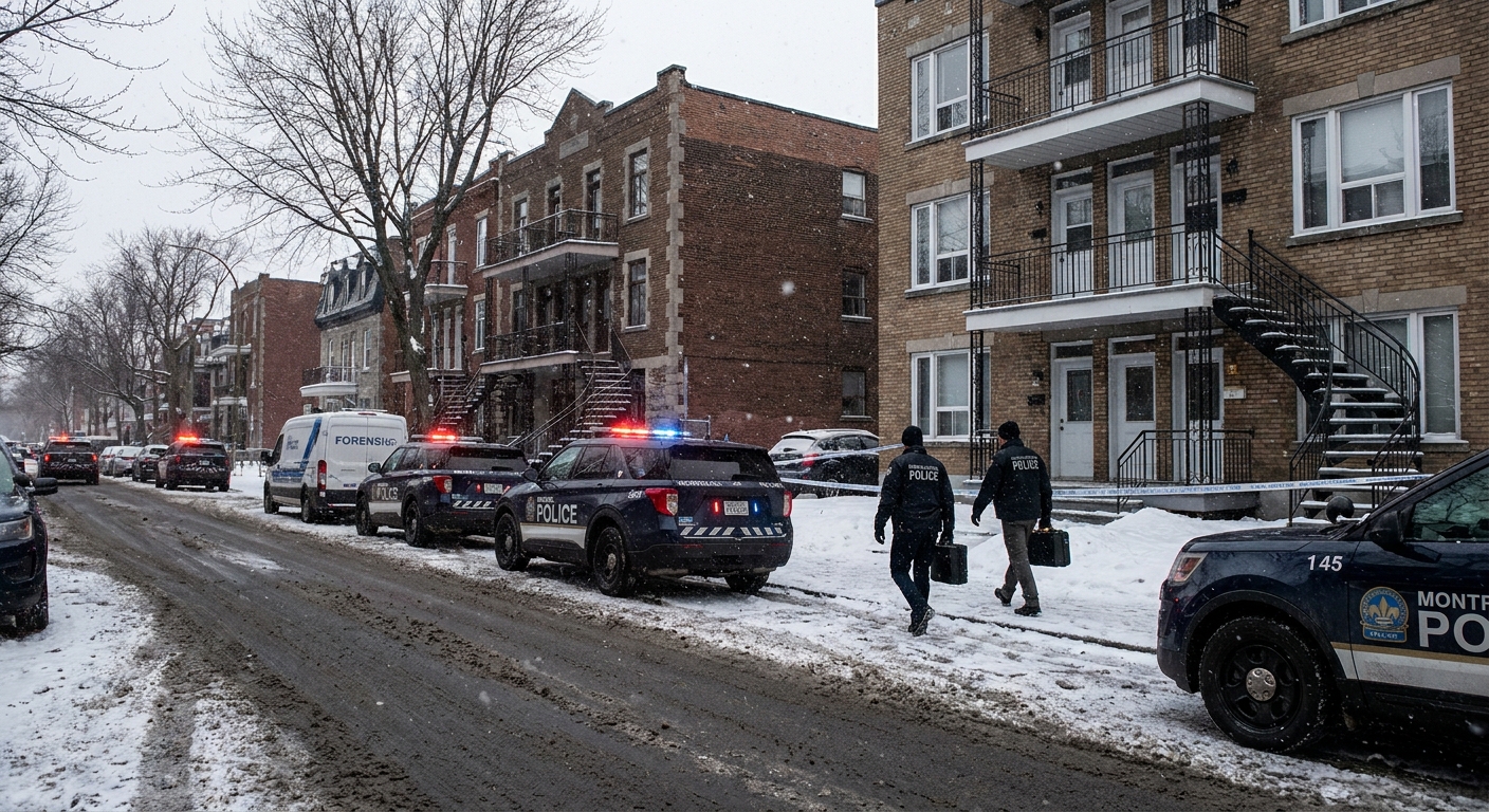 A Montreal residential street in winter with police vehicles parked curbside and investigators entering a building