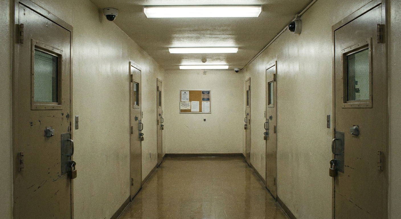 A closed institutional hallway with fluorescent lighting and locked doors, evoking a restrictive youth facility setting