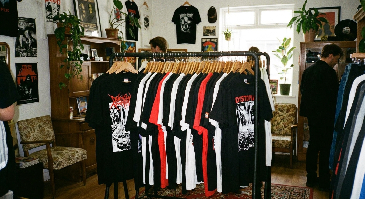 A clothing rack in a small retail shop displaying graphic T-shirts with dark, high-contrast designs, photographed in a candid retail setting