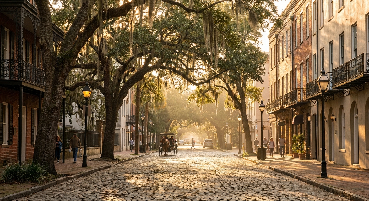 A cobblestone street lined with historic buildings and oak trees in Savannah, Georgia during late afternoon