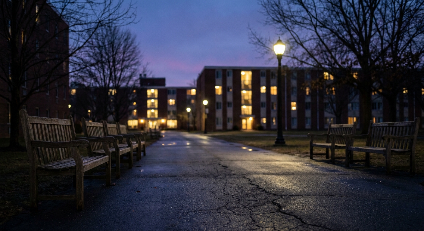 A college campus walkway at dusk with empty benches and dormitory lights in the distance, creating a quiet, uneasy atmosphere