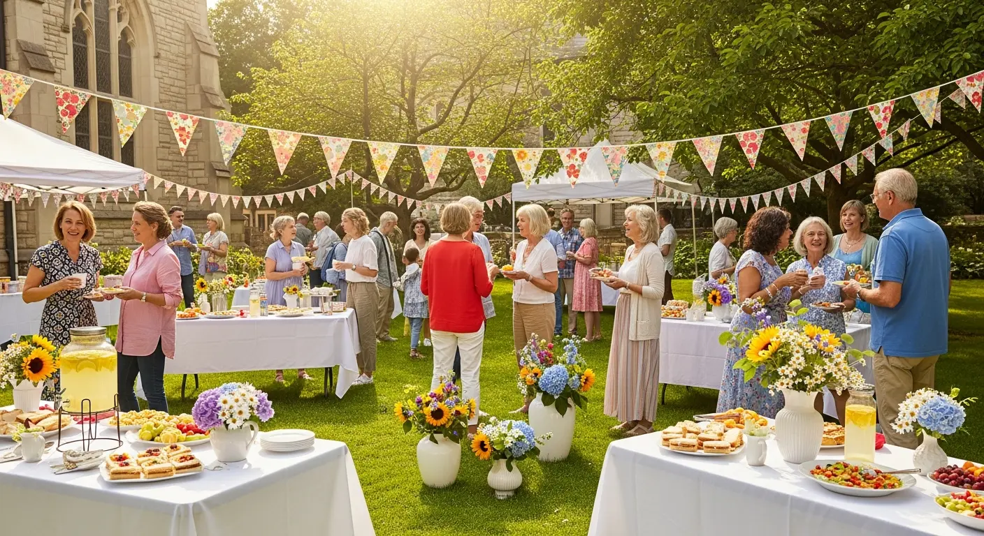 A community fundraiser table set up inside a church hall with donation jars and baked goods, photographed during an event with people mingling in the background