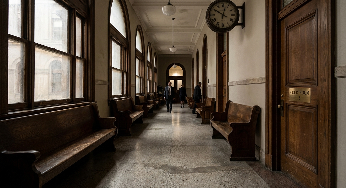 A courthouse corridor with wooden benches and soft window light, evoking the slow, procedural weight of the legal system