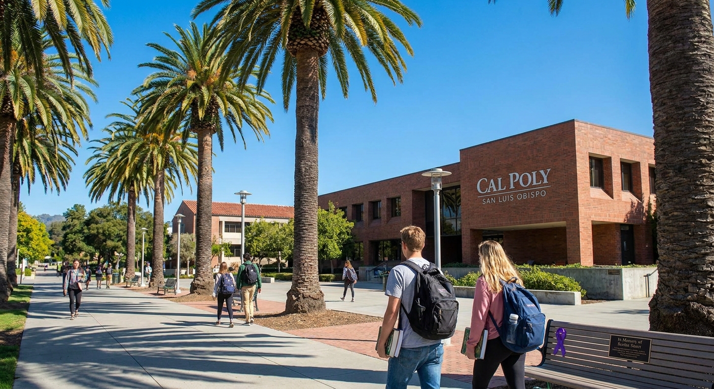 A daytime exterior view of the California Polytechnic State University campus in San Luis Obispo with palm trees and students walking, representing the setting connected to Kristin Smart