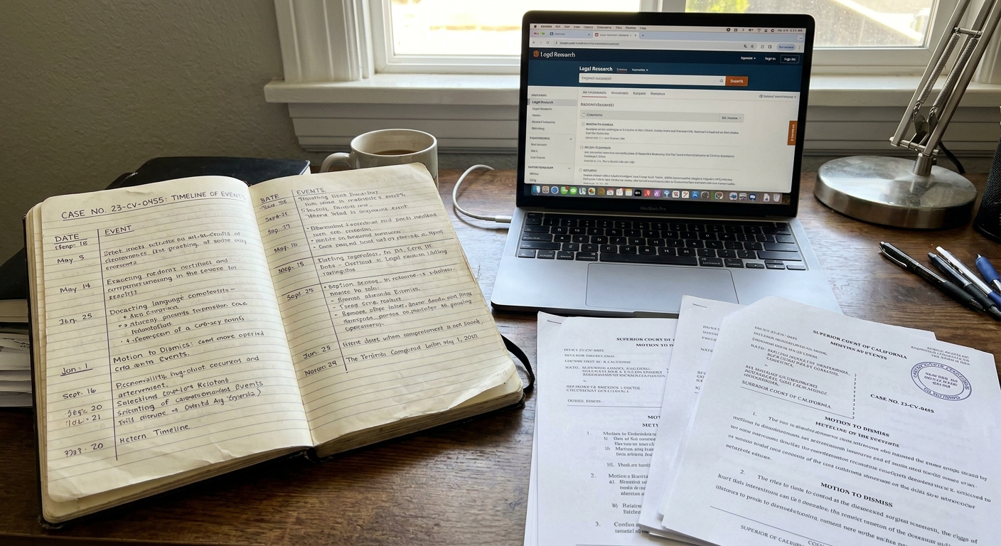 A desk with an open notebook showing a handwritten timeline, a laptop beside it, and printed court documents spread neatly