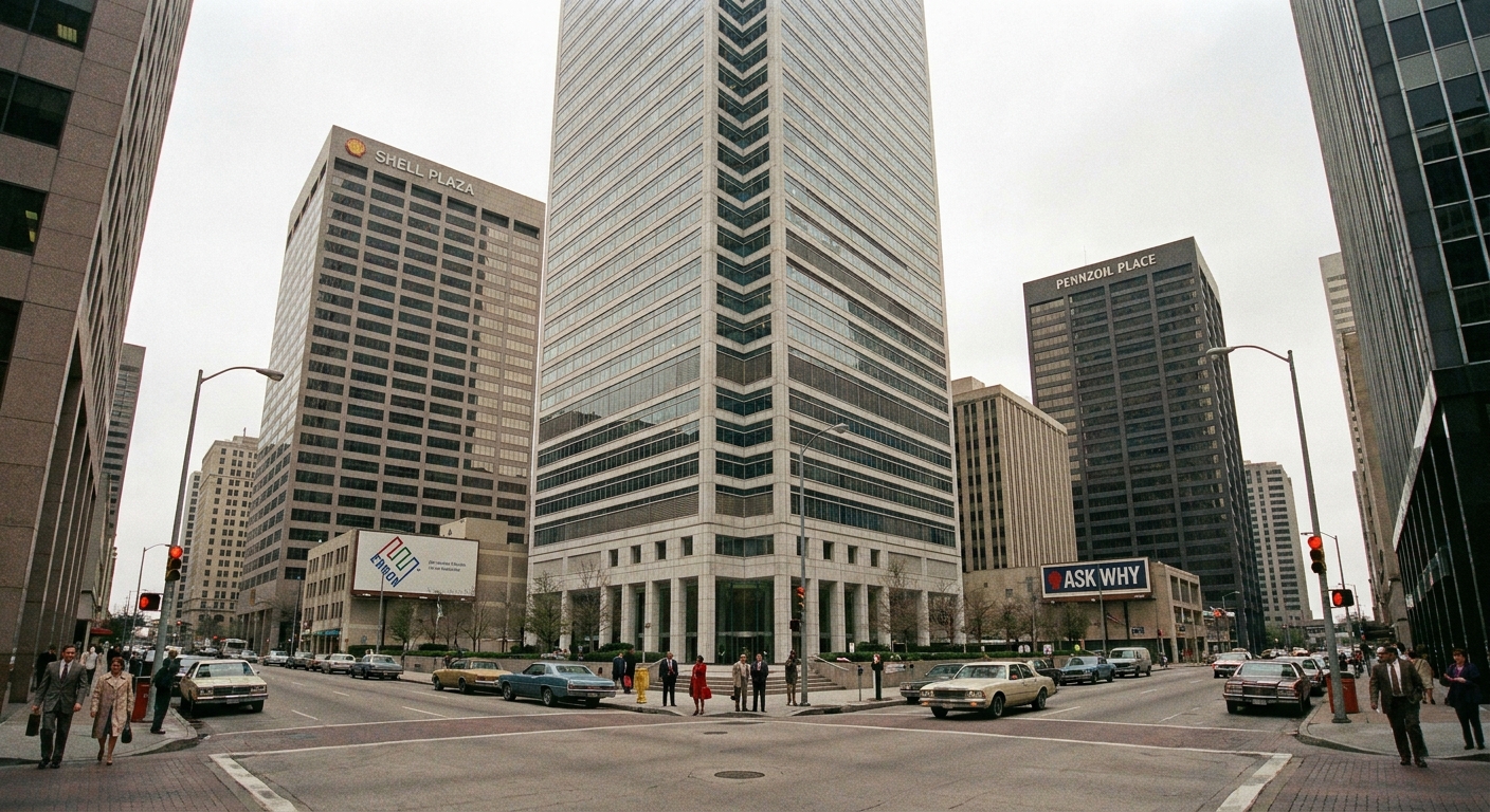 A downtown Houston high-rise seen from street level among surrounding office buildings, evoking the city’s Enron-era skyline.