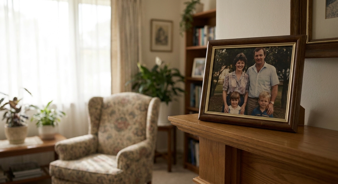 A family photograph of Lynette Dawson displayed in a living room setting with soft natural light