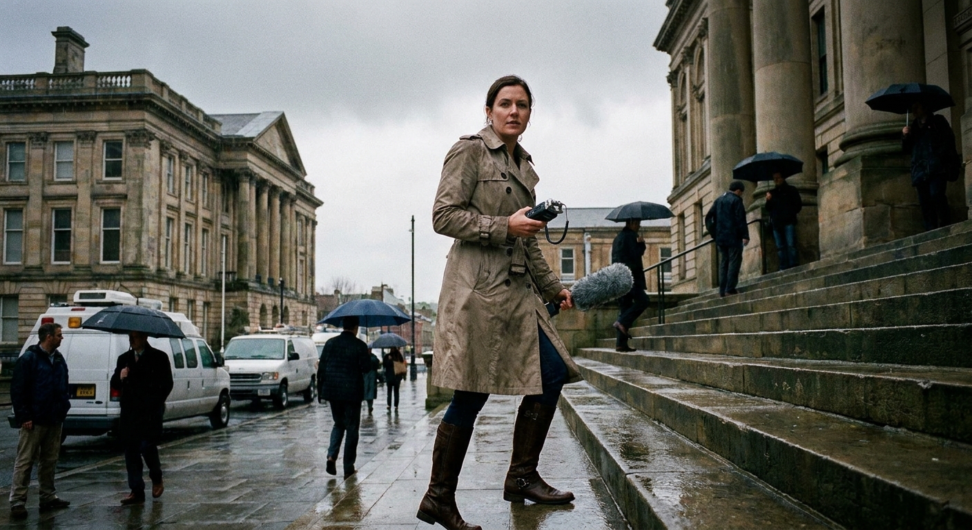 A field reporter holding a handheld recorder while walking up courthouse steps on an overcast day