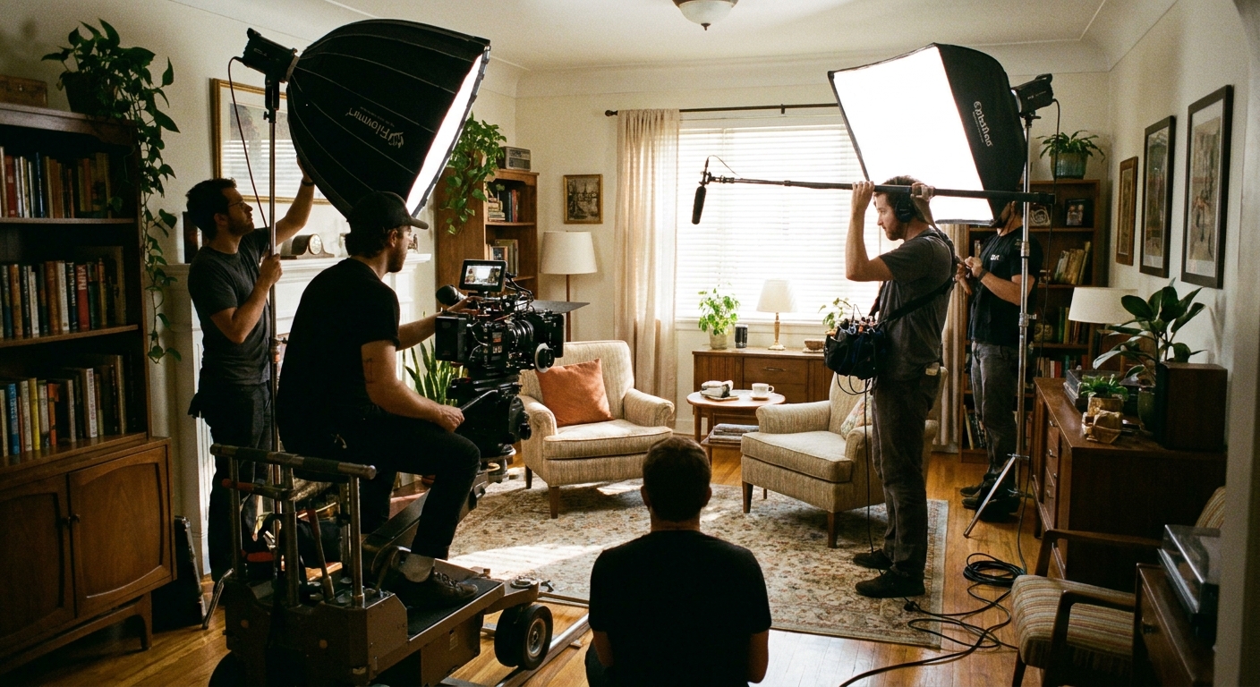 A film crew sets up lights and a camera for a sit-down conversation in a quiet living room