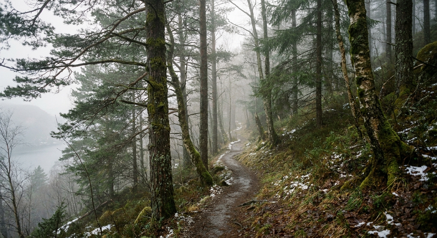 A foggy forested hillside near Bergen, Norway with a narrow trail and muted winter light