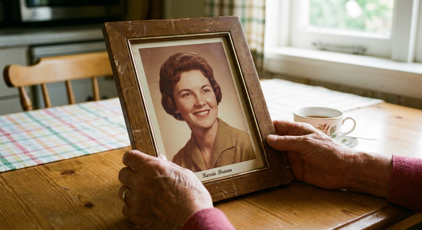 A framed portrait photo of Kerrie Brown held carefully in someone’s hands at a kitchen table