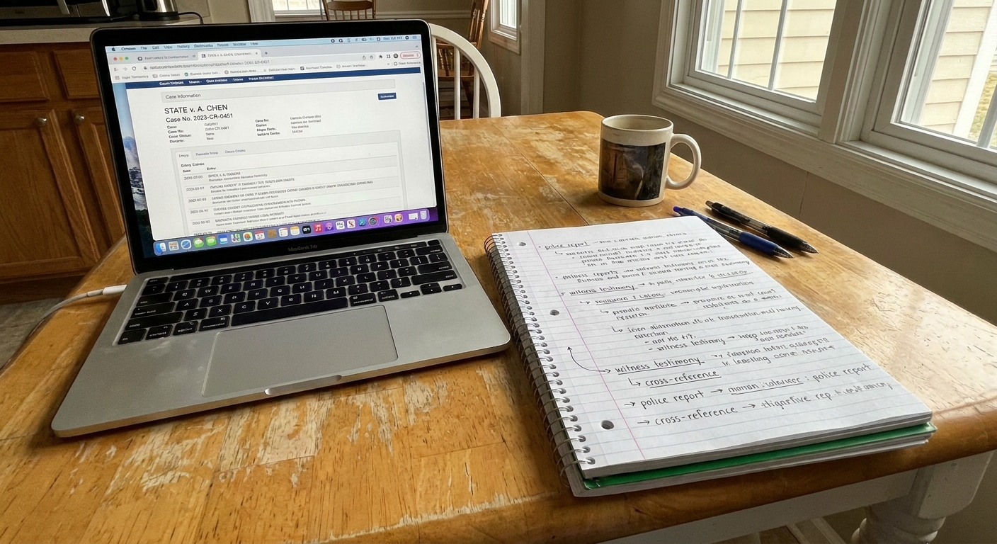A laptop on a kitchen table displays a court docket page beside a notebook filled with handwritten source notes