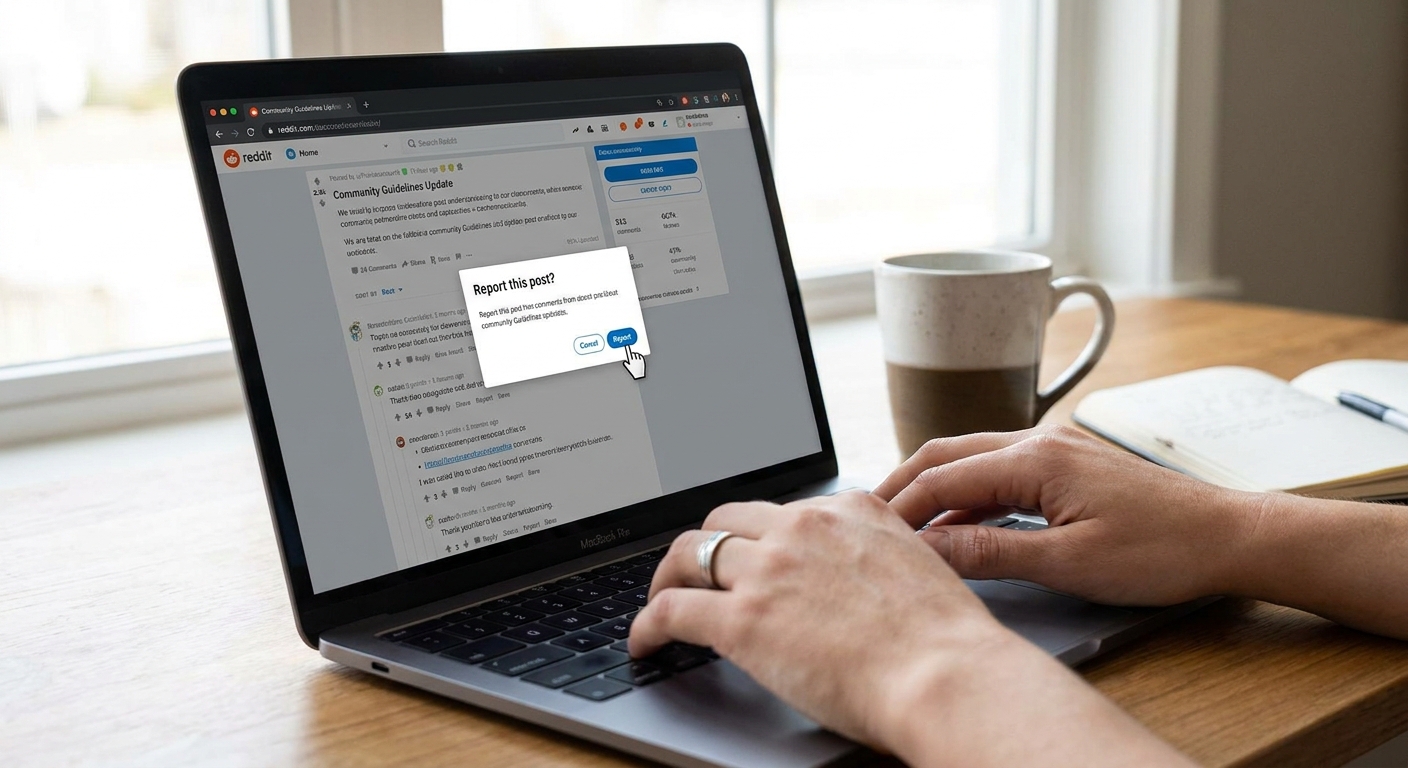 A laptop screen showing a discussion thread with a hand hovering near a report button