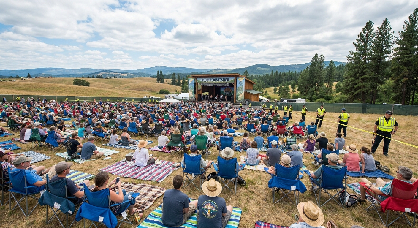 A large crowd seated outdoors at a rural Oregon gathering, with a stage in the distance and security near the perimeter
