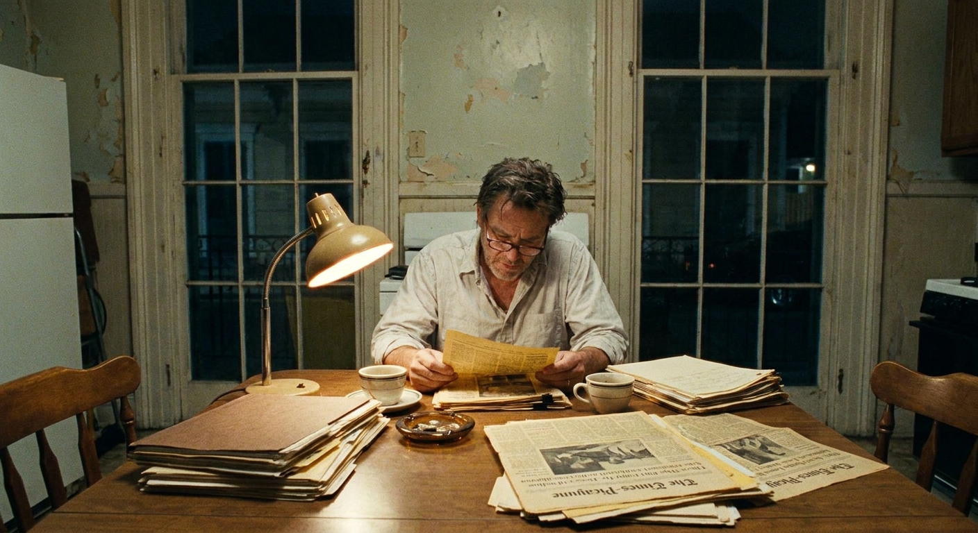 A middle-aged man seated at a kitchen table in New Orleans reviewing files and newspaper clippings under warm lamp light