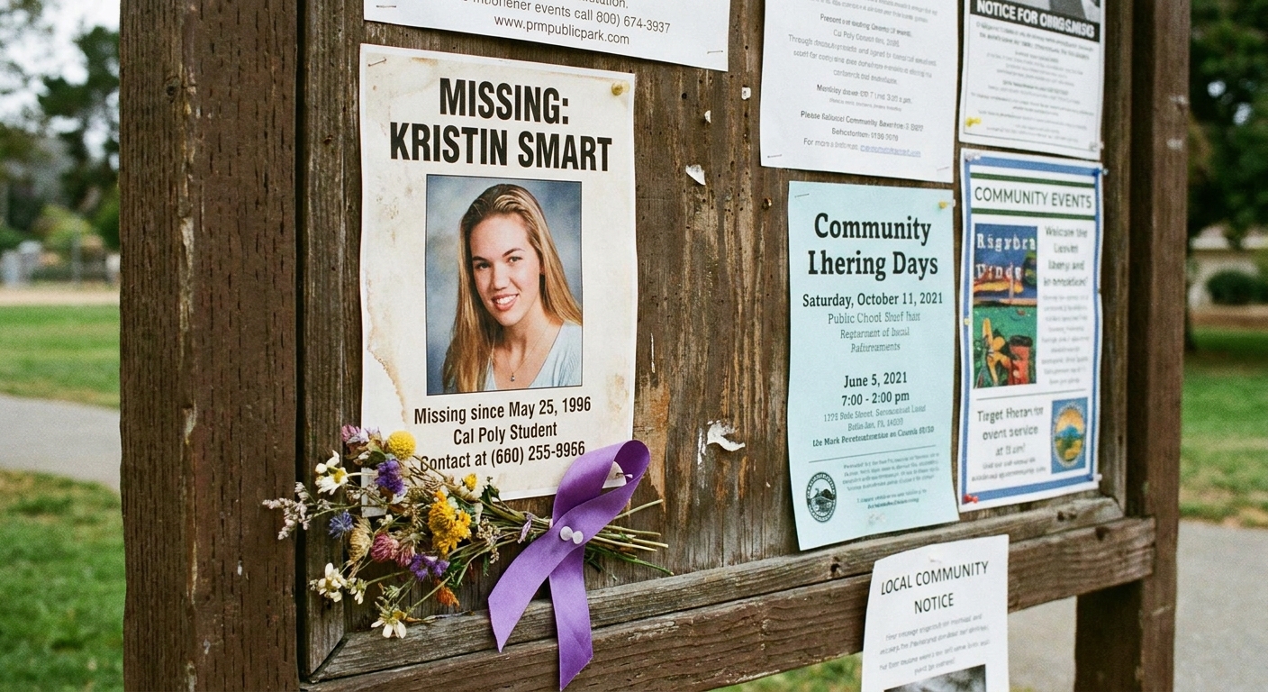 A missing person poster for Kristin Smart displayed on a community bulletin board with flowers pinned nearby