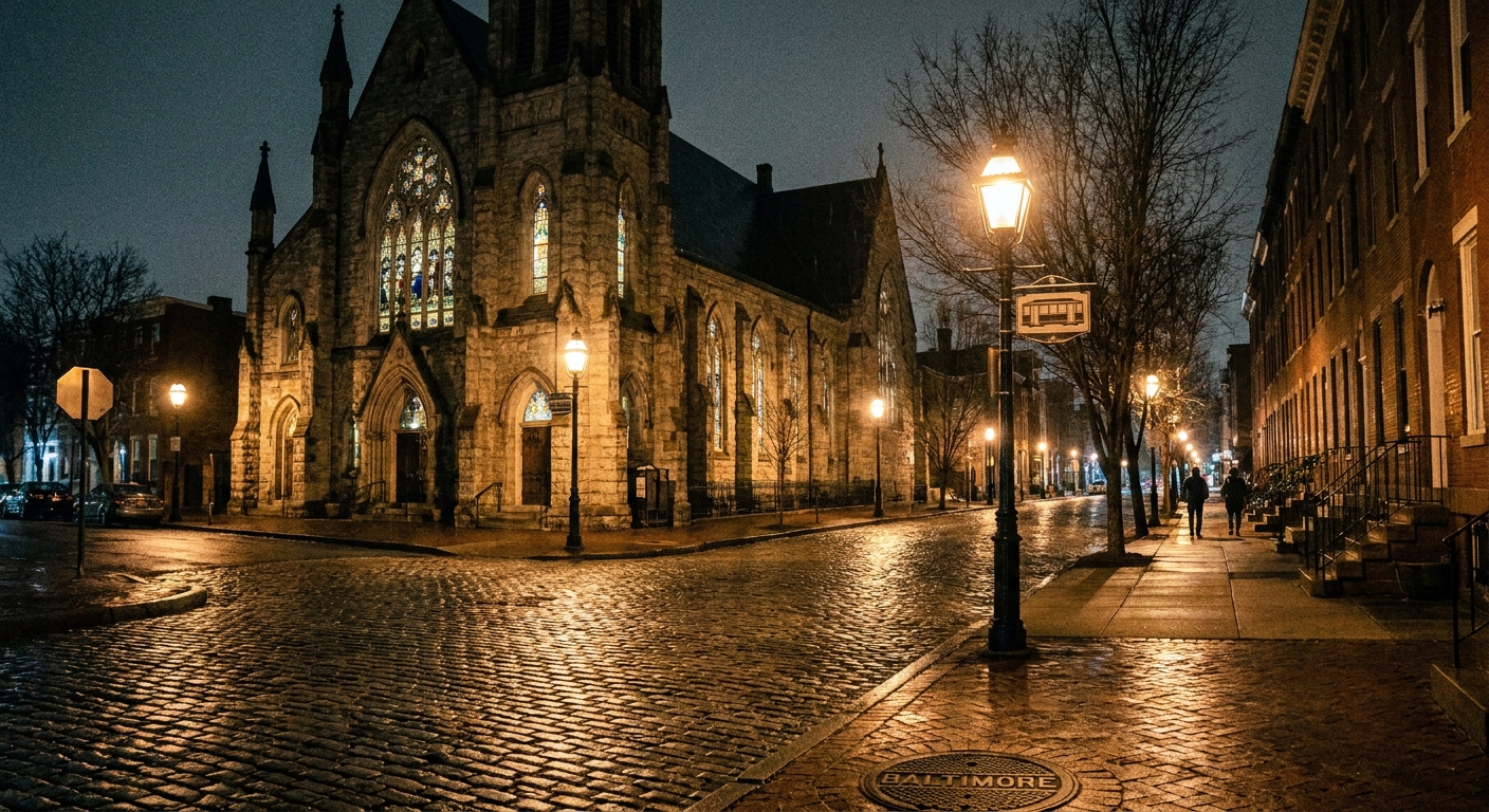 A nighttime exterior of a church in Baltimore with dim streetlights and a quiet sidewalk