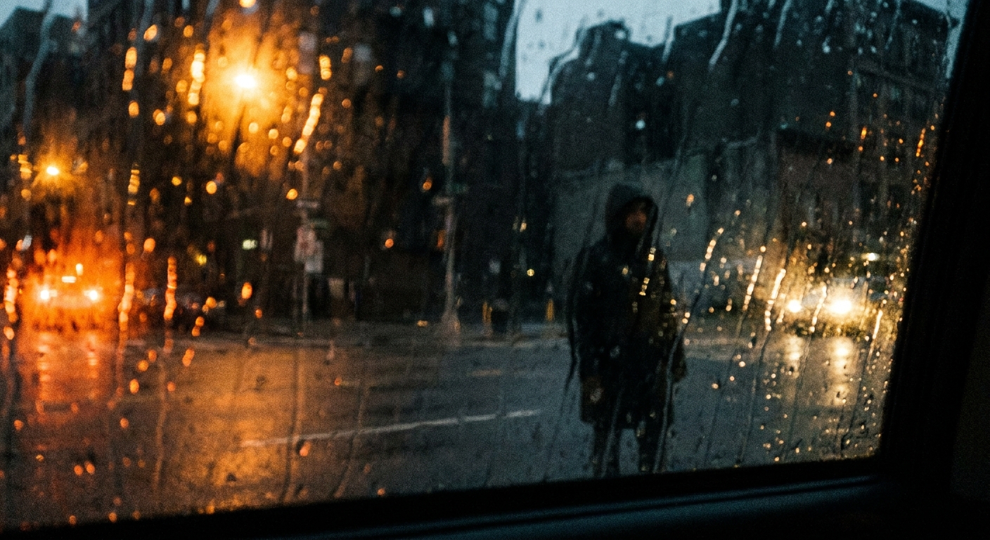 A person seen through a rain-speckled window at night with streetlights reflecting on the glass, conveying unease and unwanted surveillance