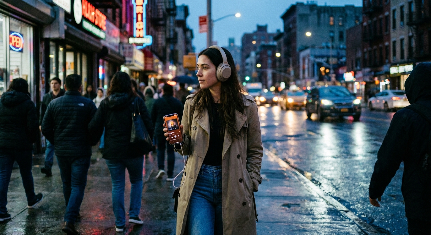 A person walking on a city sidewalk at dusk wearing over-ear headphones and holding a phone with an audio app open