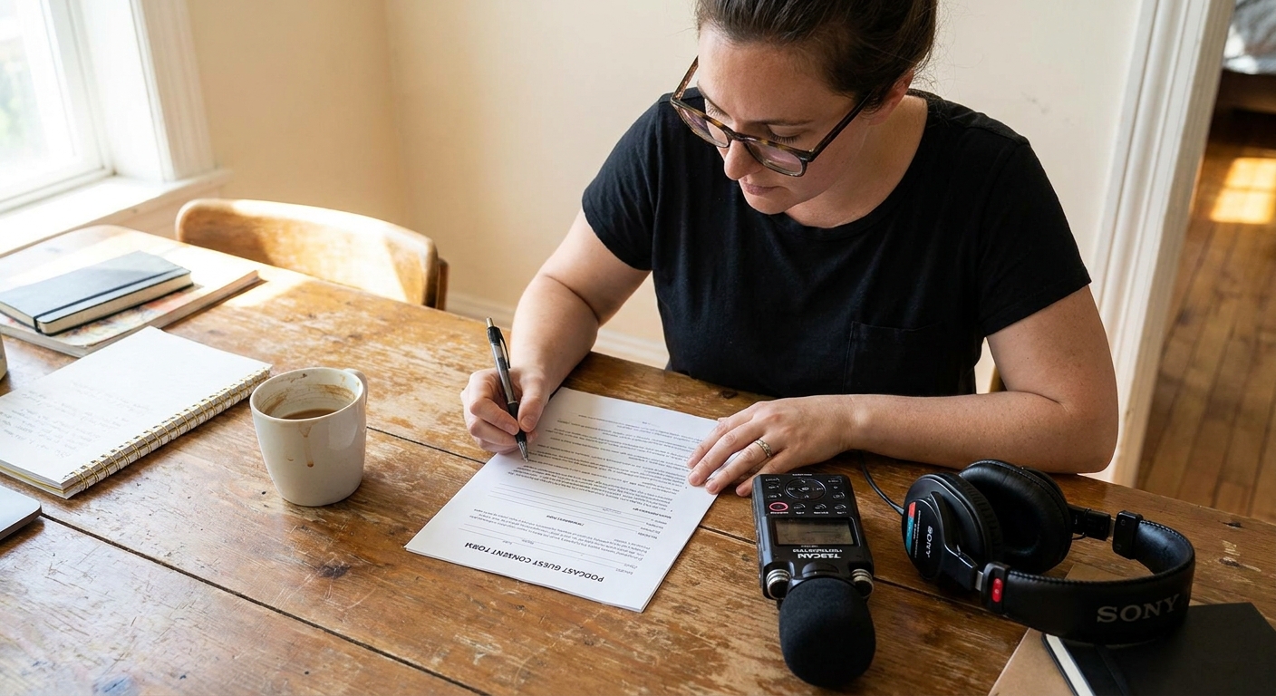 A podcast producer reviewing a printed consent form beside a recorder and headphones on a table