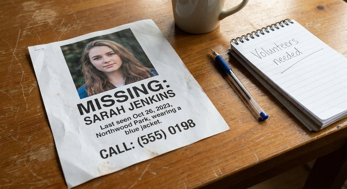 A printed missing-person flyer rests on a table next to a pen and a notepad, with a phone number and last-seen details visible