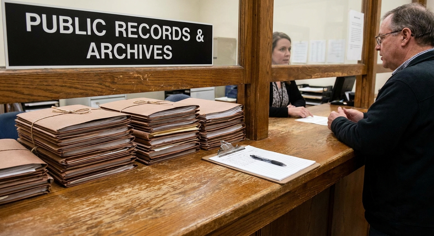 A public records counter with neatly stacked folders and a sign-in sheet