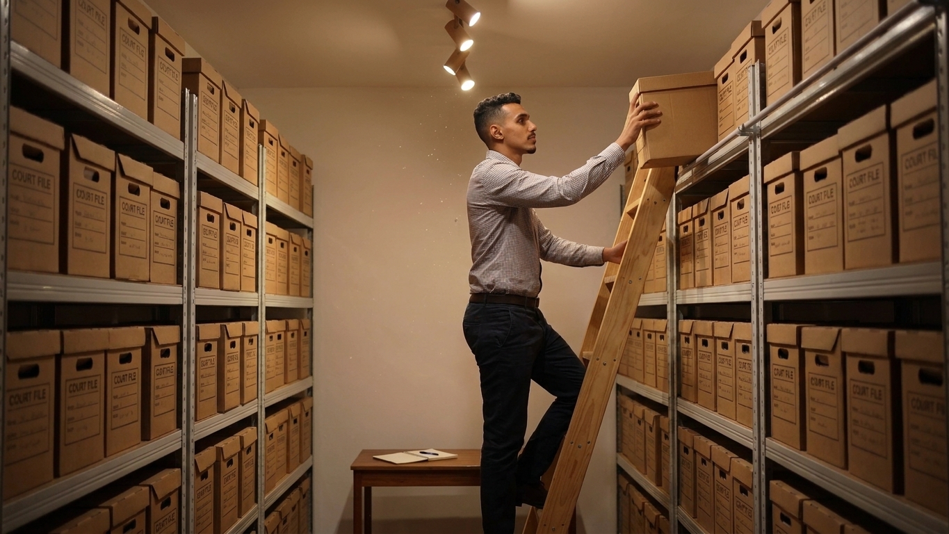 A quiet records room with tall shelves of neatly labeled court file boxes and a rolling ladder under warm overhead lighting