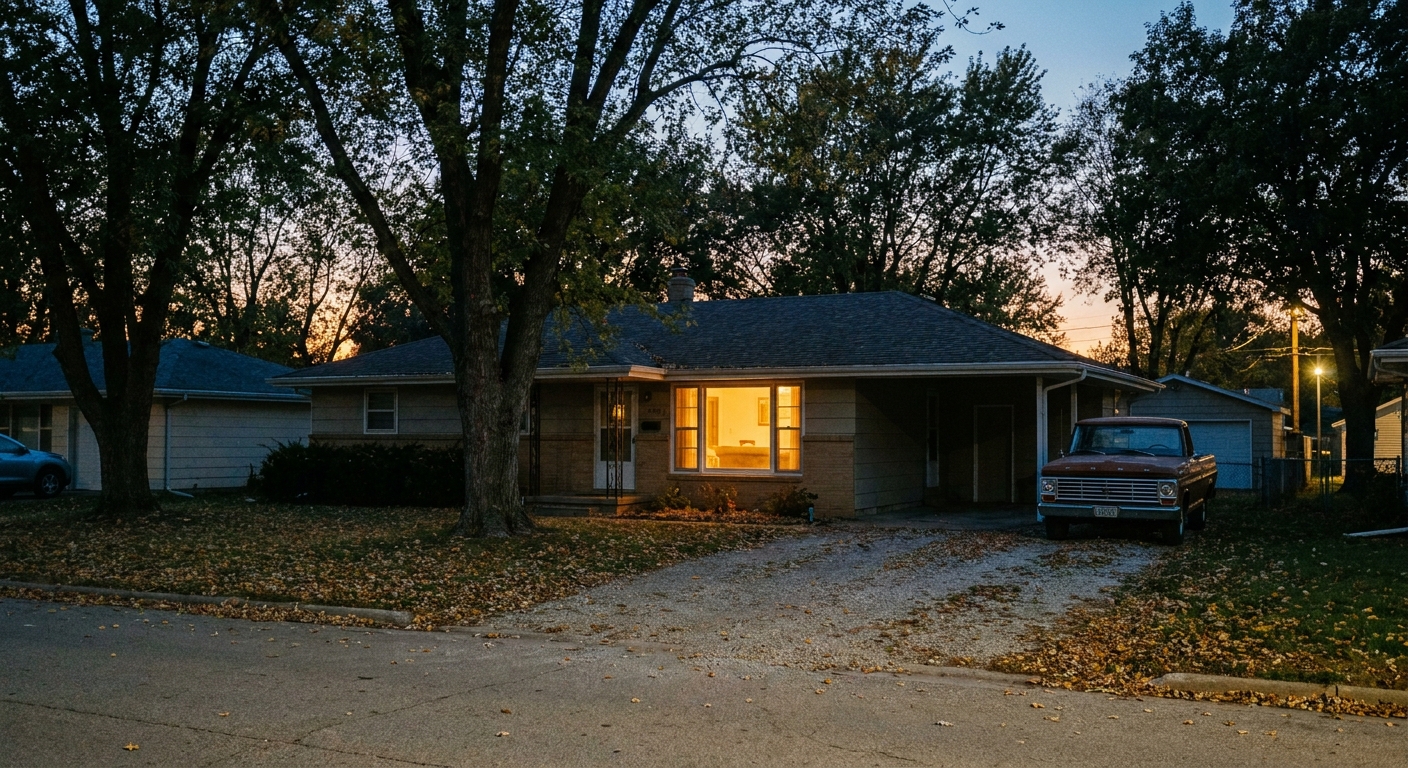 A quiet residential street in Holcomb, Kansas at dusk with a modest mid-century home, evoking small-town stillness