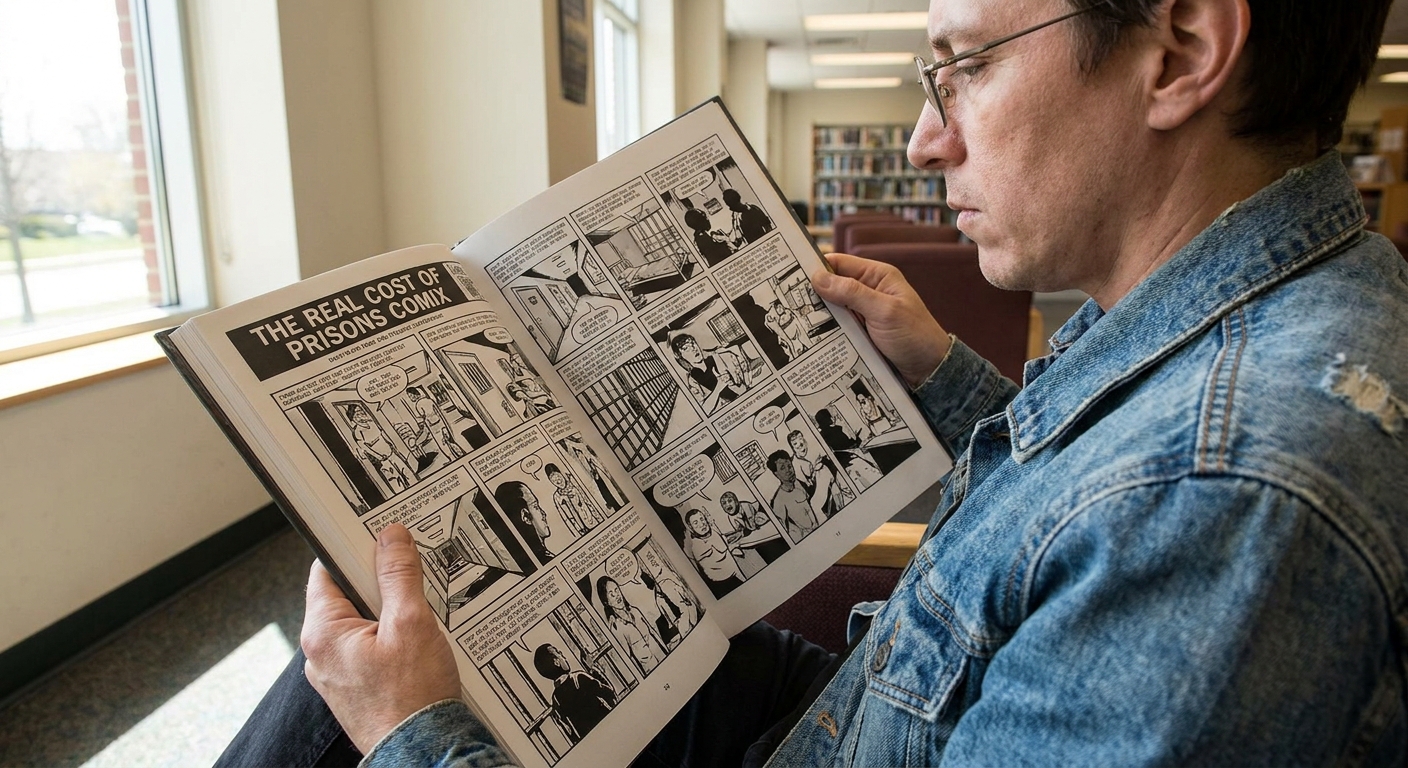 A reader holding an open copy of The Real Cost of Prisons Comix, with bold black-and-white panels visible across the spread