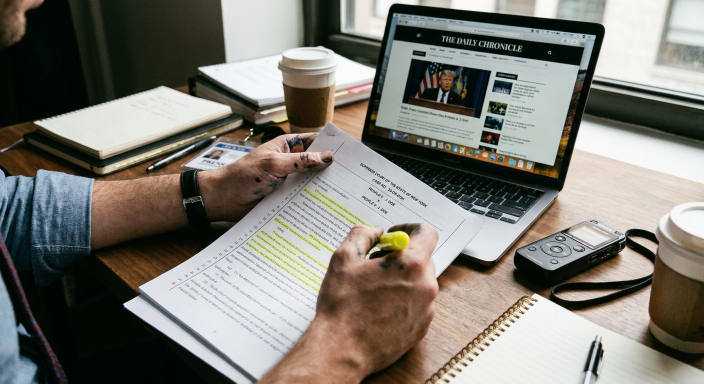 A reporter’s hands highlighting a court transcript at a desk beside a laptop and an audio recorder