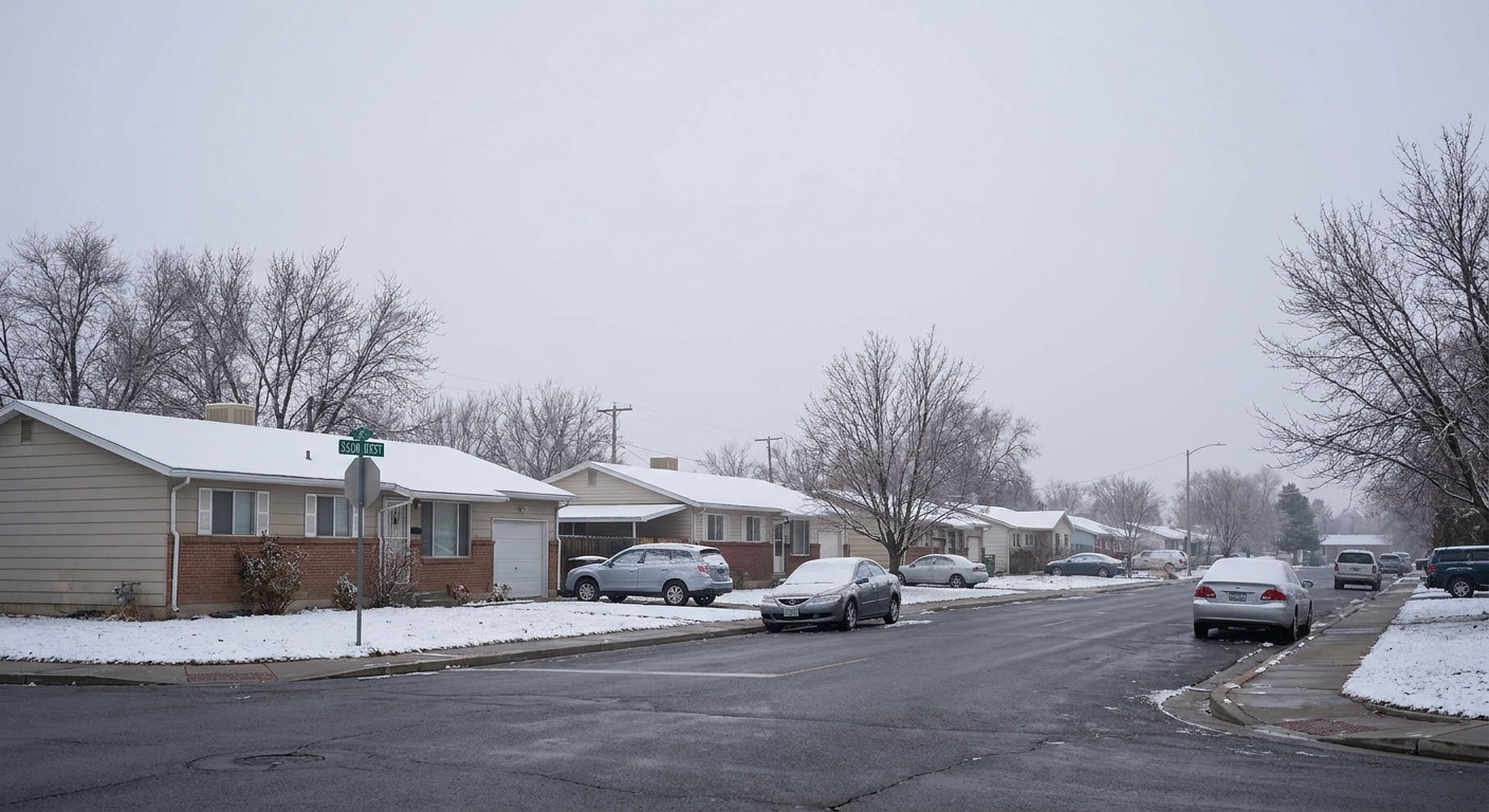 A residential street in West Valley City, Utah, on a winter morning with bare trees and quiet houses, evoking the setting of the Susan Powell case