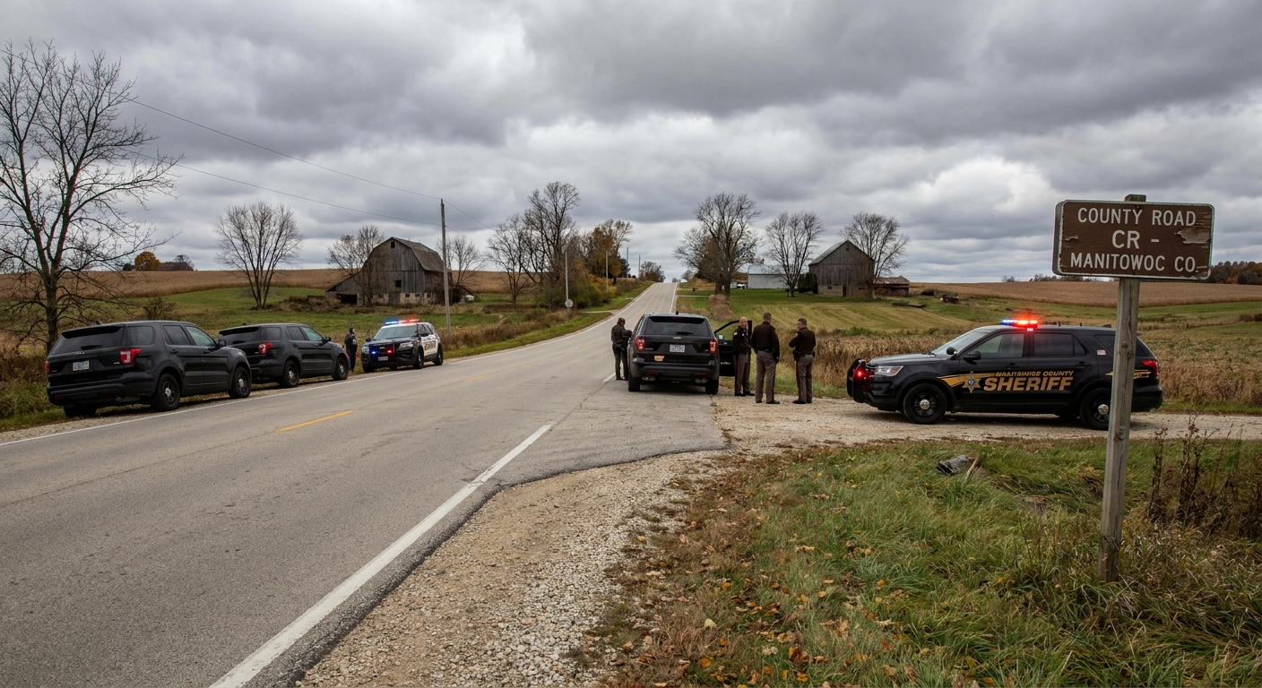 A rural Wisconsin roadside near Manitowoc County with law enforcement vehicles parked along a gravel shoulder under an overcast sky