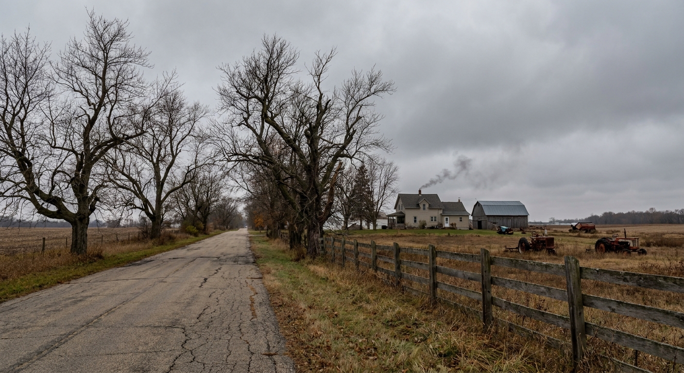 A rural roadside in Plainfield, Wisconsin with bare trees and a farmhouse in the distance, overcast day