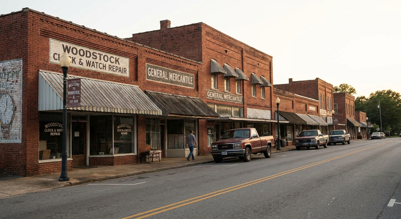 A small downtown street in Woodstock, Alabama, with brick storefronts and a quiet afternoon feel, establishing the setting of S-Town
