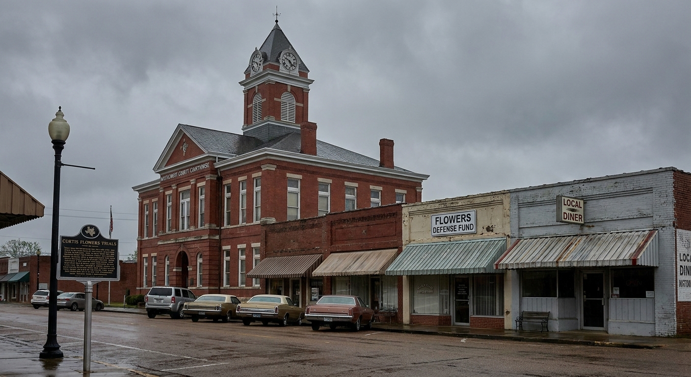 A street near a courthouse in Winona, Mississippi, under an overcast sky, conveying the small-town setting connected to the Curtis Flowers case