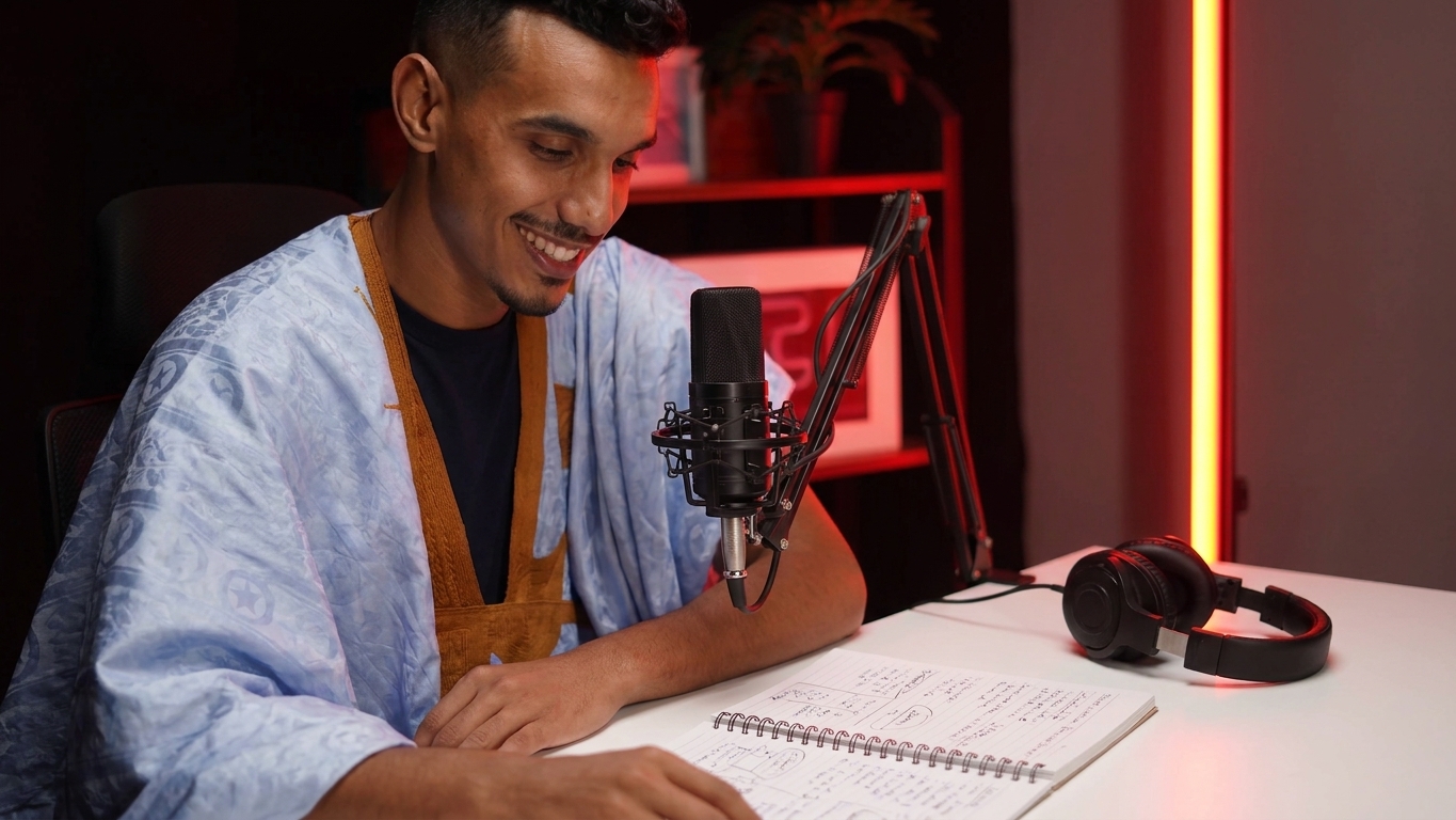 A studio podcast microphone on a desk beside a notebook filled with handwritten research notes and a pair of headphones