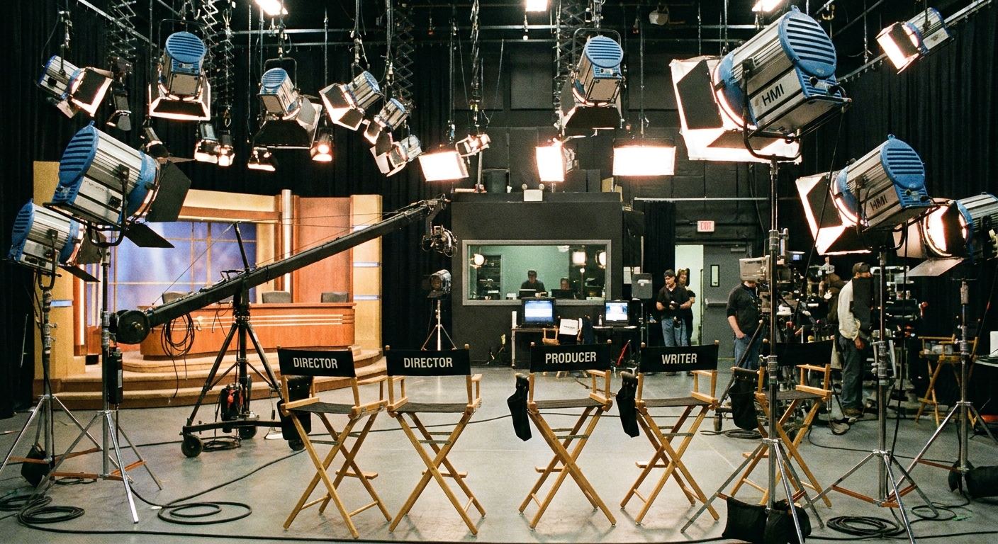 A television production set with bright studio lights and empty director chairs, suggesting a behind-the-scenes entertainment environment