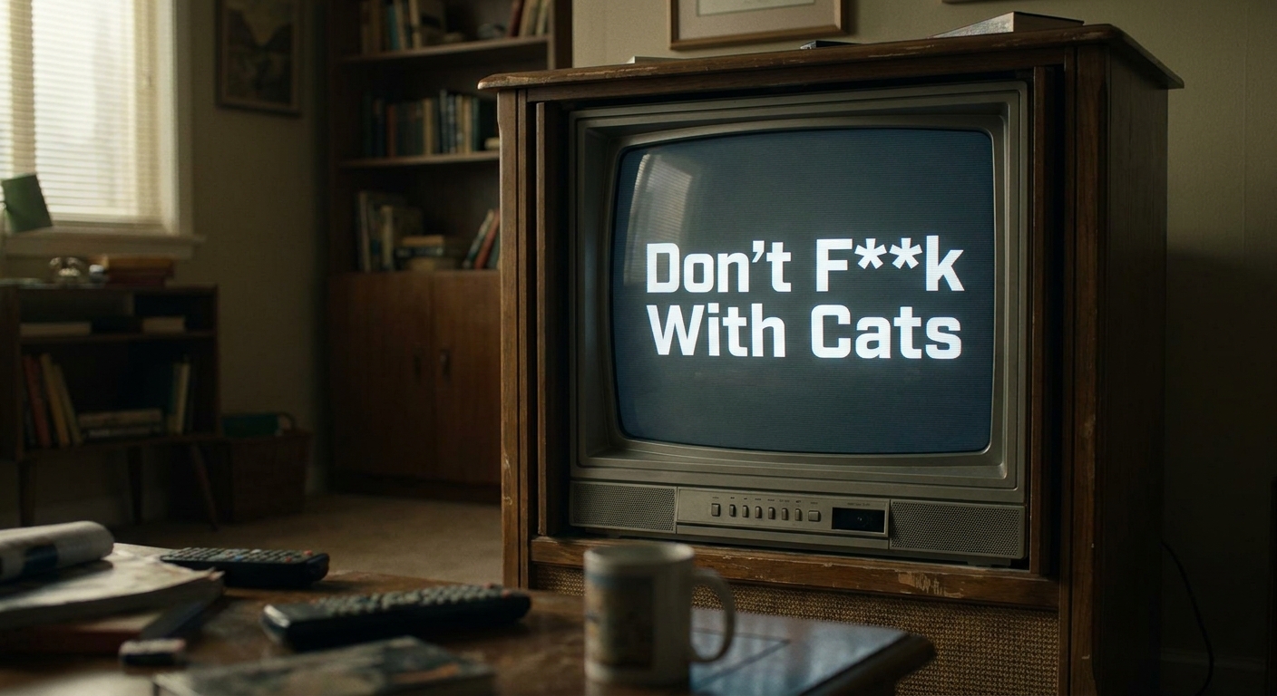 A title card reading 'Don’t F**k With Cats' on a television screen