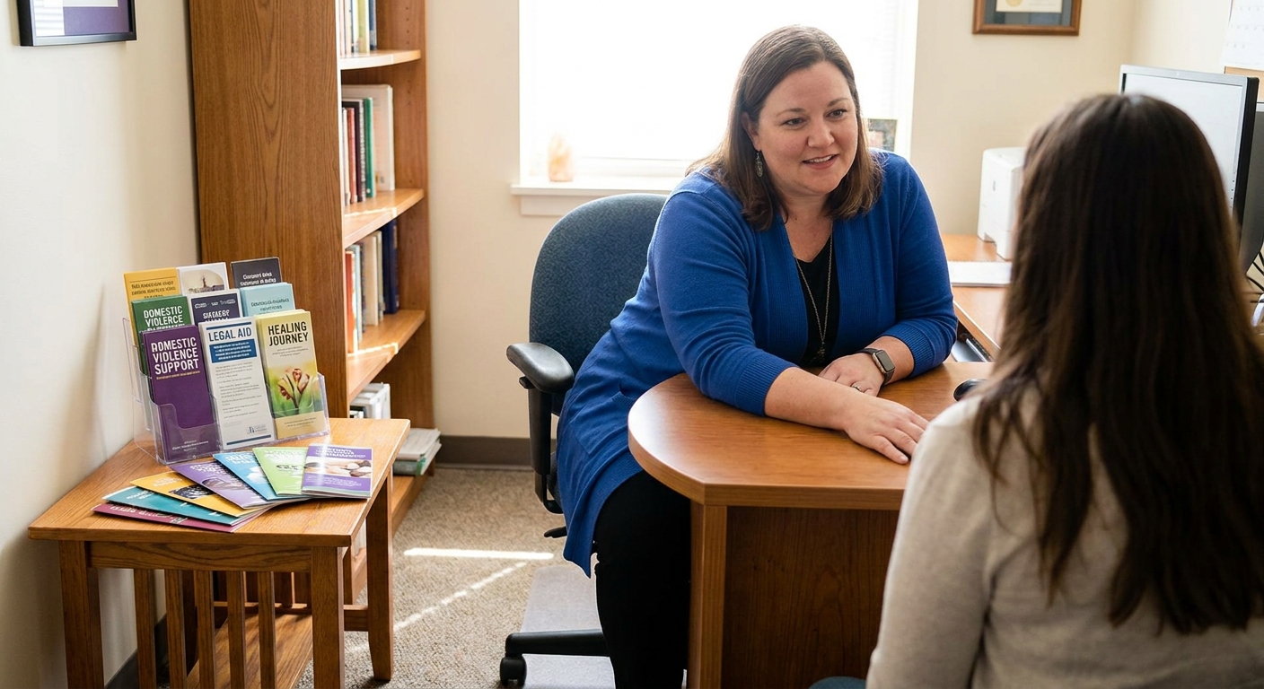 A victim advocate speaking with someone at a desk in a quiet office, with pamphlets about support services visible on a nearby table