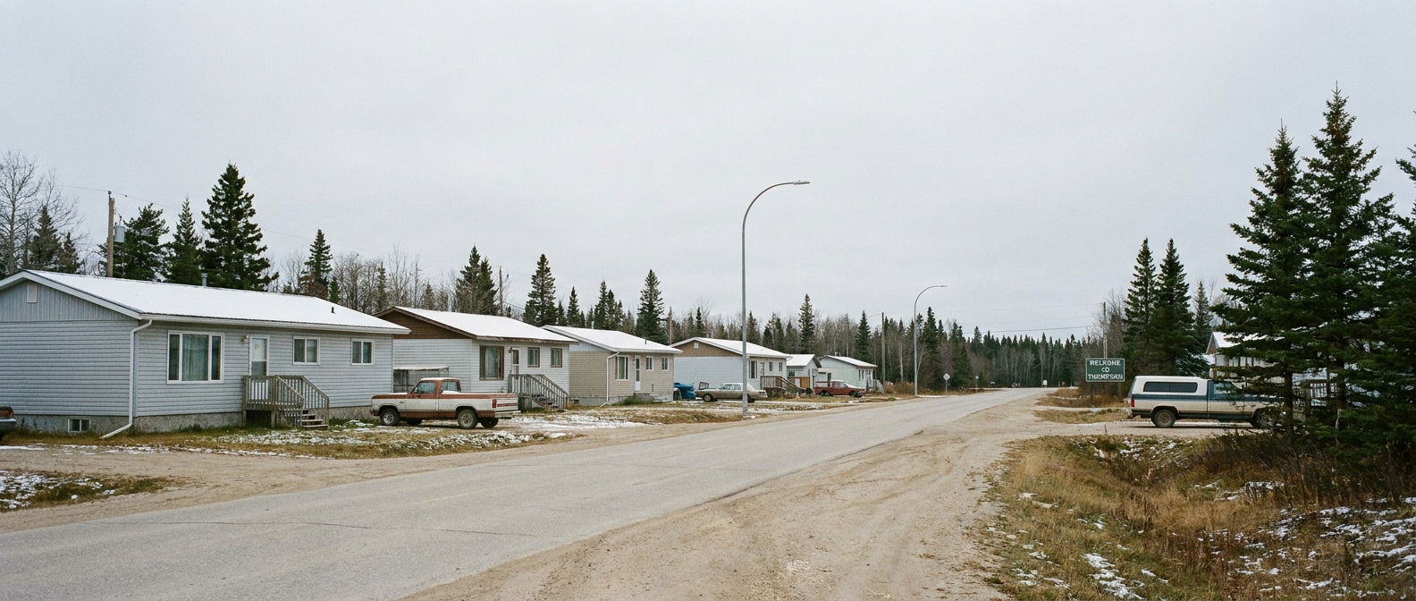 A wide shot of a quiet neighborhood street in Thompson, Manitoba, with modest homes and a gray sky, capturing the atmosphere of a small community