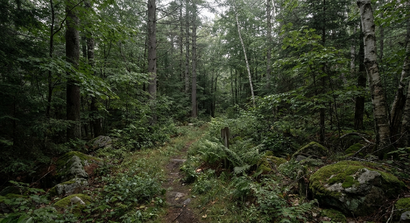 A wooded area in Bear Brook State Park, New Hampshire, with a narrow trail and dense trees, evoking the remote setting where evidence was discovered