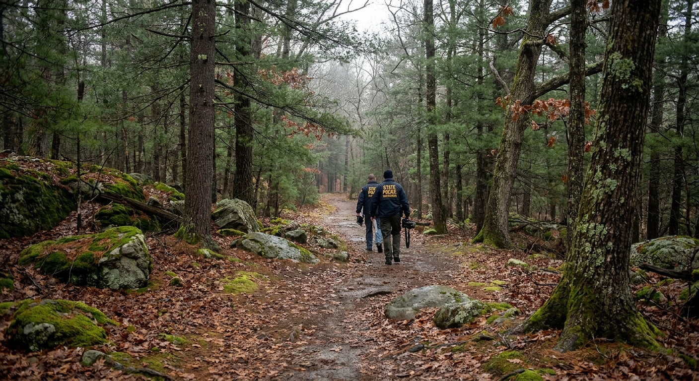 A wooded path in Bear Brook State Park on an overcast day with investigators walking in the distance