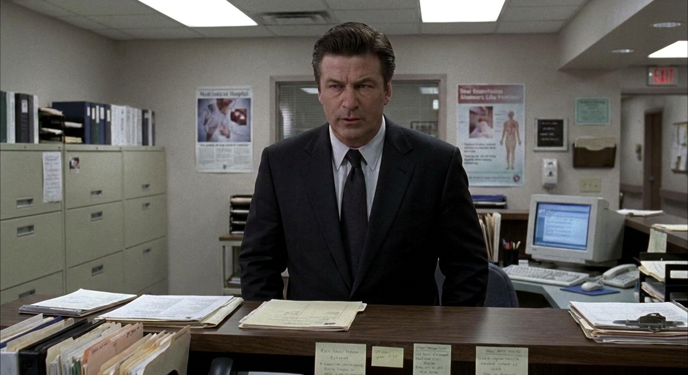 Actor Alec Baldwin in a suit standing in a hospital administrative office set with a serious expression in a television drama still