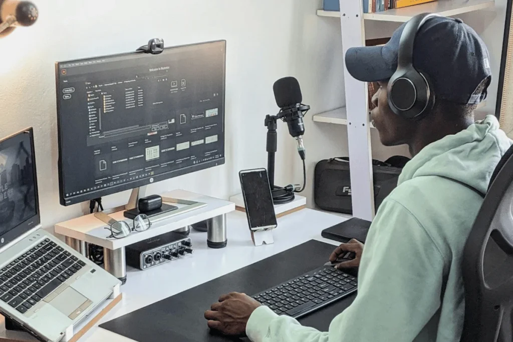 An audio editor’s workstation with a large monitor showing multitrack waveforms, a keyboard, and studio headphones resting on the desk