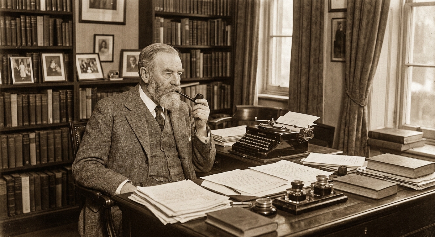 An early 20th-century author seated at a desk, period clothing, archival-style setting