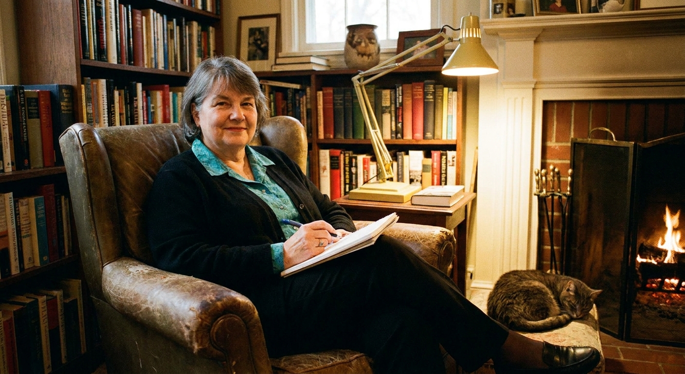 Ann Rule in a posed author portrait, seated with a notebook in a warmly lit room