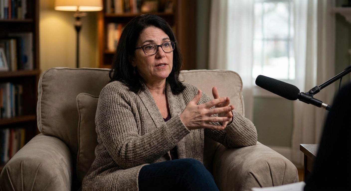 April Balascio seated indoors during an interview, speaking with hands clasped