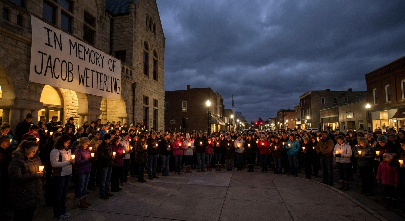 Community members hold candles at a nighttime vigil honoring Jacob Wetterling