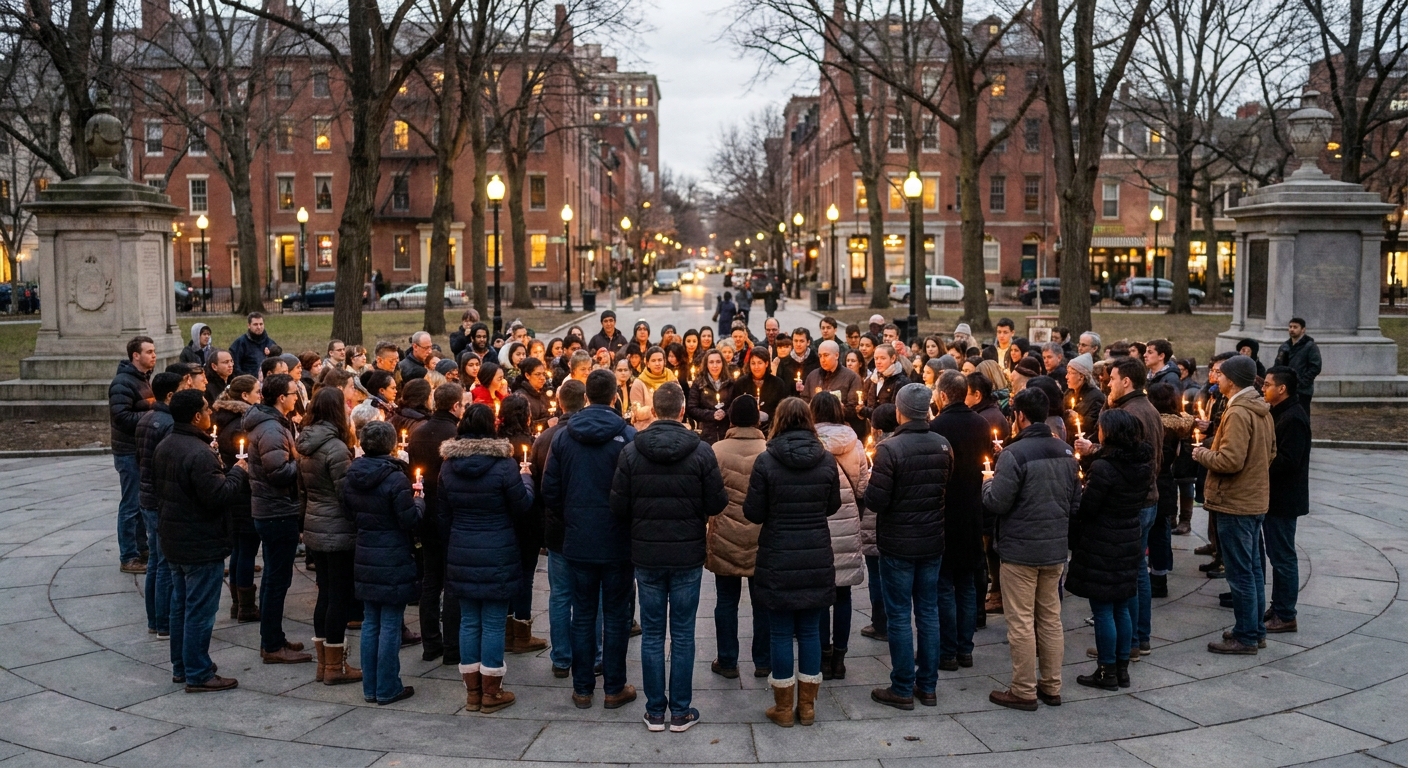Community members holding candles at an evening vigil in a city park, standing close together in quiet solidarity